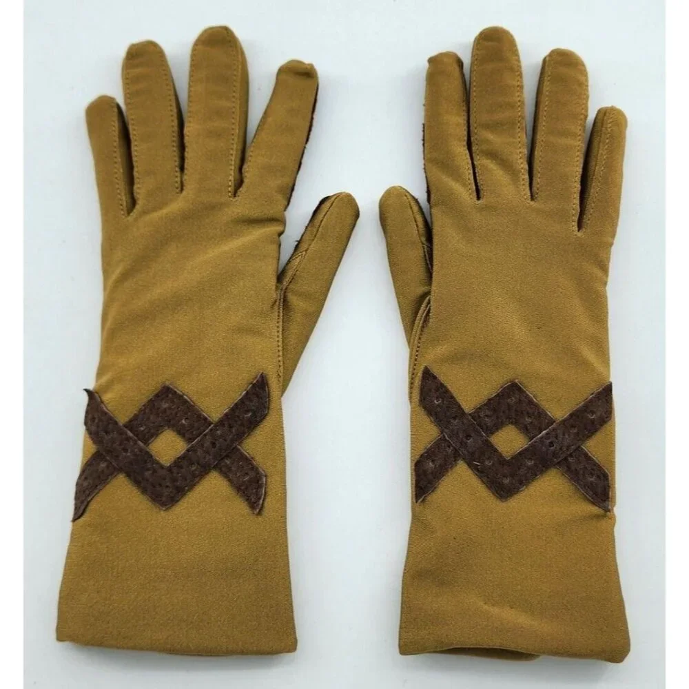 Vintage Bloomingdales Women's Tan Gloves Pigsuede Trim‎ OSFA Nylon Spandex Blend